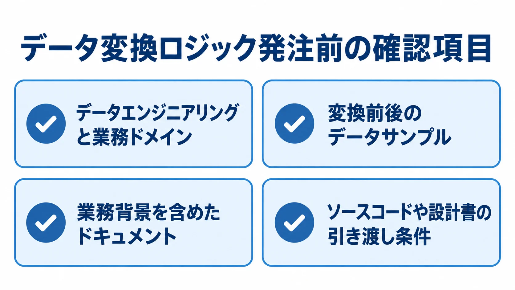 データ変換ロジックを発注する前の確認事項 データ変換ロジックの発注前確認として、業務ドメインへの理解、データサンプル、ドキュメント、ソースコードや設計書の引き渡し条件を並べたチェックリスト。