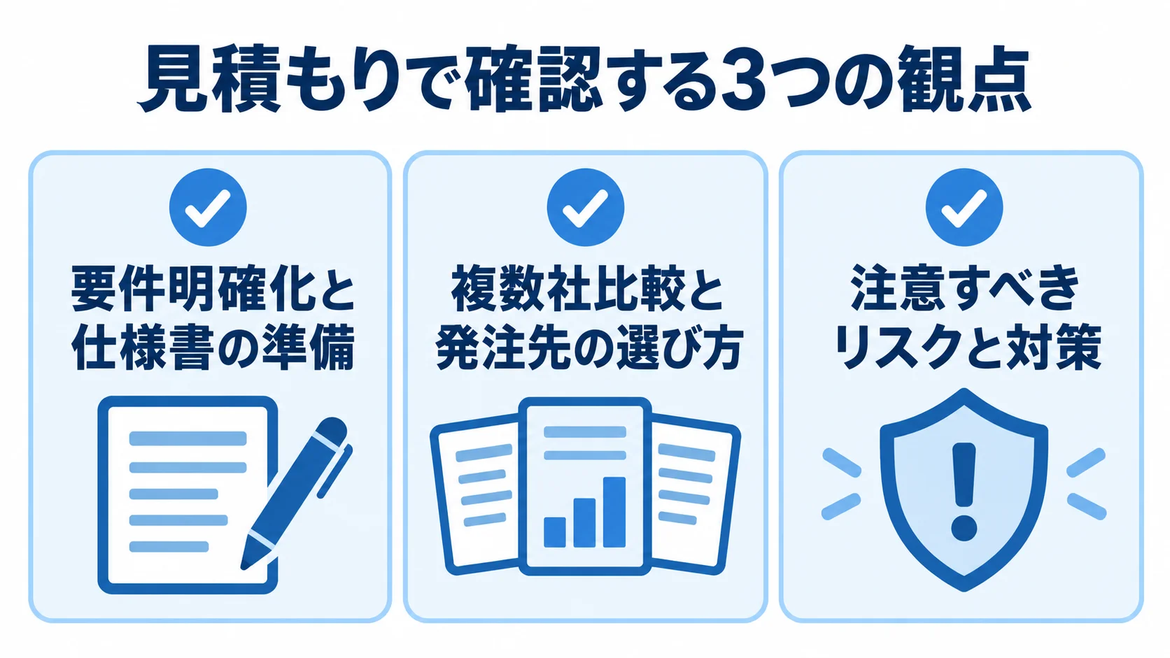 要件と仕様書の準備、複数社の比較、リスクと対策を確認する見積もりチェック図