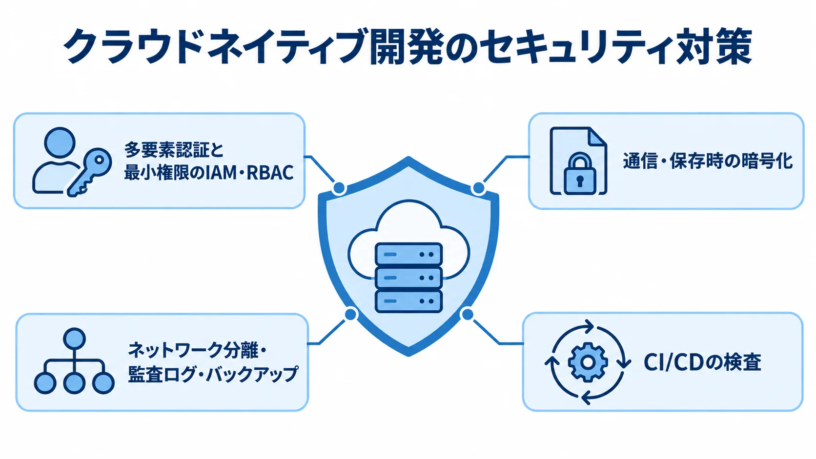 設計から運用までのセキュリティ対策 IAM・RBAC、暗号化、基盤整備、CI/CD検査で構成するセキュリティ対策の図解。