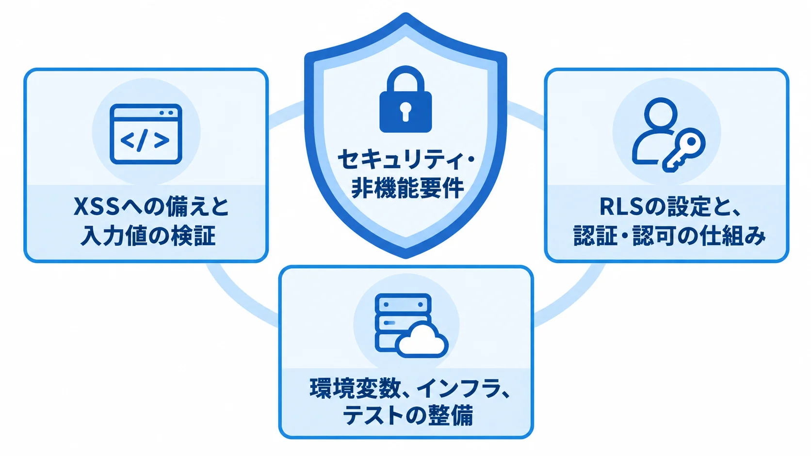 セキュリティ・非機能要件を中心に、XSSと入力値の検証、RLSと認証・認可、環境変数やインフラ、テストの整備を示す図解