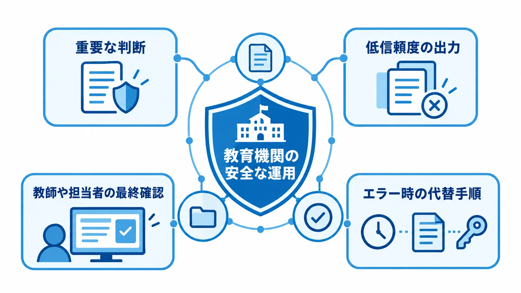 Human-in-the-Loopによるマルチエージェント運用の確認設計 教育機関の安全な運用を中心に、重要な判断や低信頼度の出力に対する人の確認と代替手順を配置した図解。