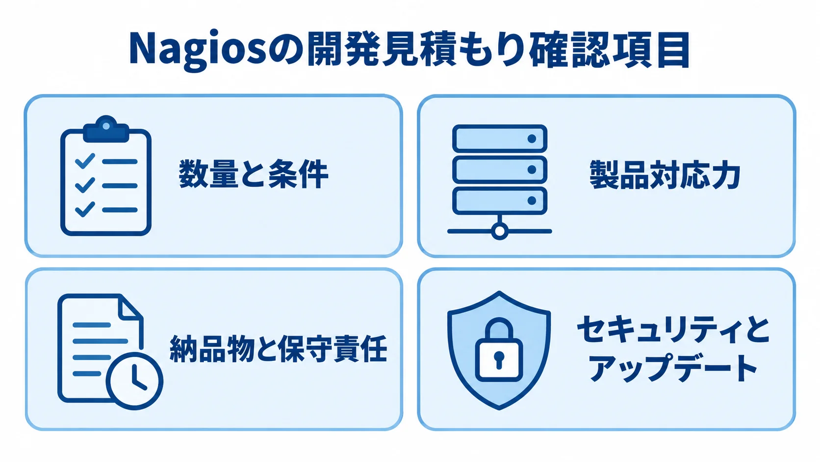 Nagios開発の見積もり確認項目 Nagios開発の見積もりで確認する数量と条件、製品対応力、納品物と保守責任、セキュリティとアップデートの4項目
