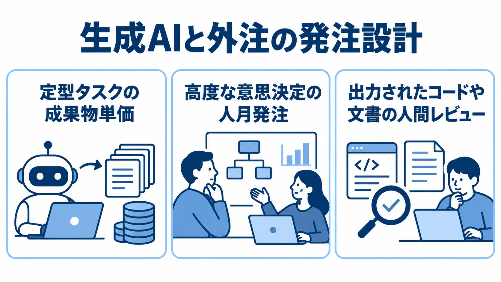 生成AI活用時の作業と発注設計 生成AIを使う定型タスクは成果物単価、高度な意思決定はシニアエンジニアの人月とし、出力を人間がレビューする発注設計を3パネルで示した図。