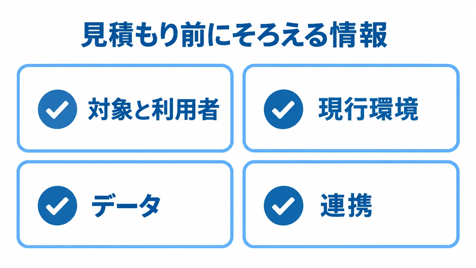 教務システムの見積もり準備チェック項目 対象と利用者、現行環境、データ、連携の4領域を並べた見積もり準備チェック図。
