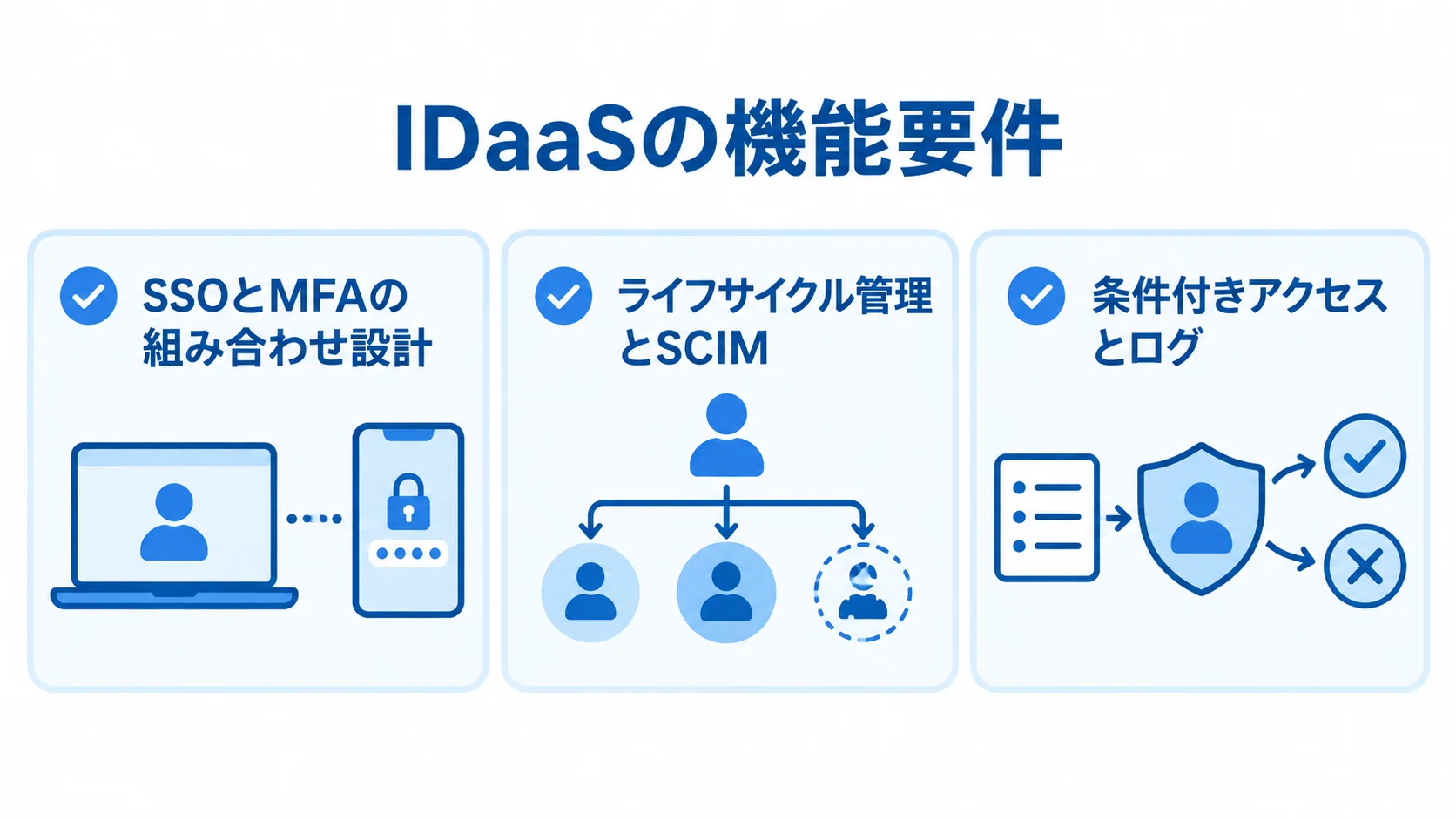 IDaaSで要件定義する三つの機能領域 SSOとMFA、ライフサイクル管理とSCIM、条件付きアクセスとログを整理した図