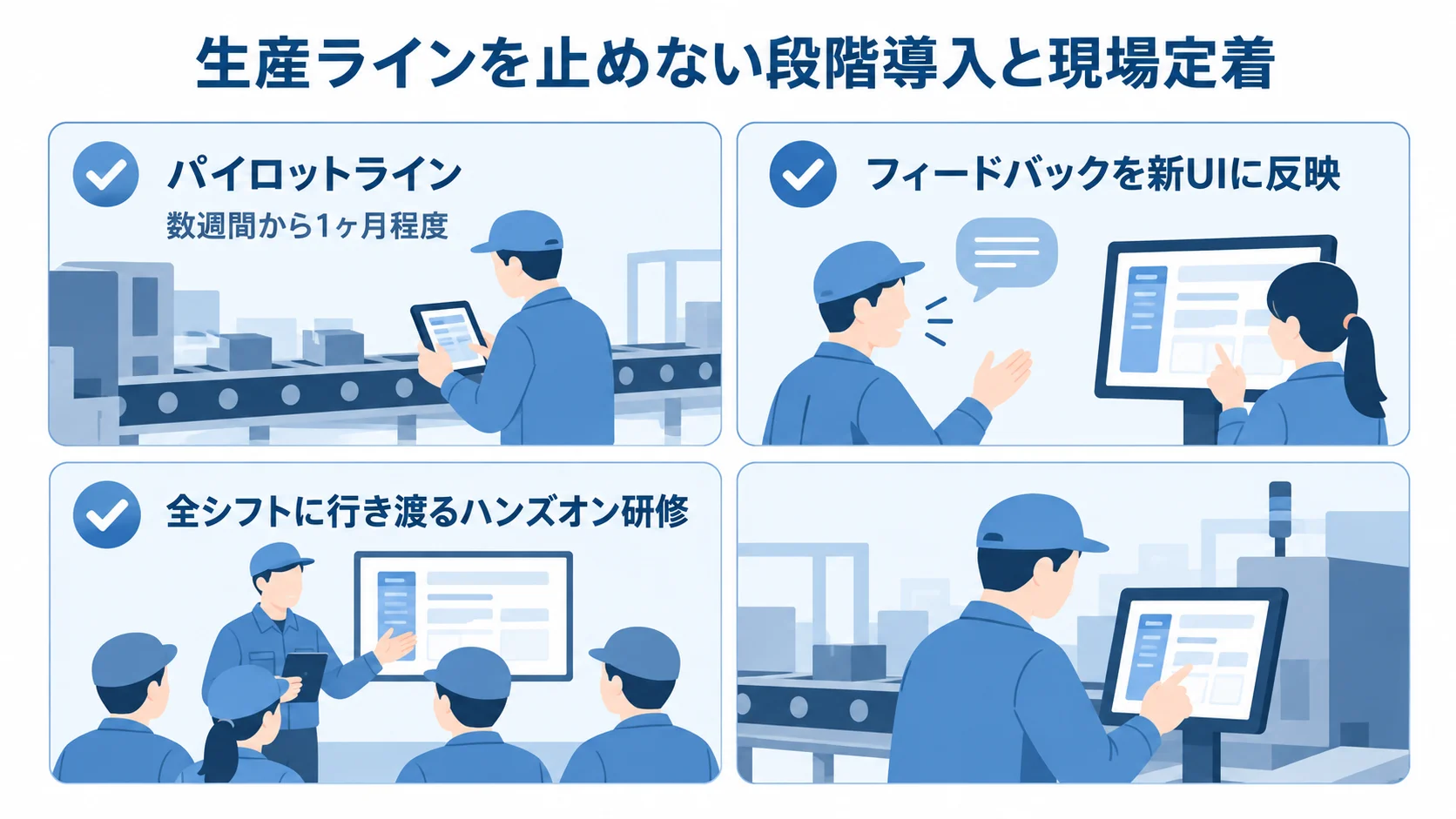 段階導入と現場定着に向けた確認項目 パイロットラインでの運用とフィードバック反映を経て横展開し、全シフトの研修を確保する項目を示した図。
