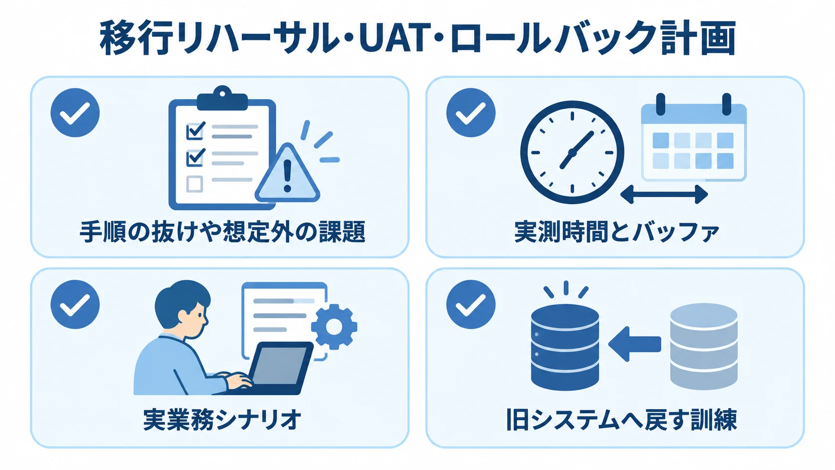 手順や課題、実測時間とバッファ、実業務シナリオ、旧システムへ戻す訓練を確認する4項目の図。