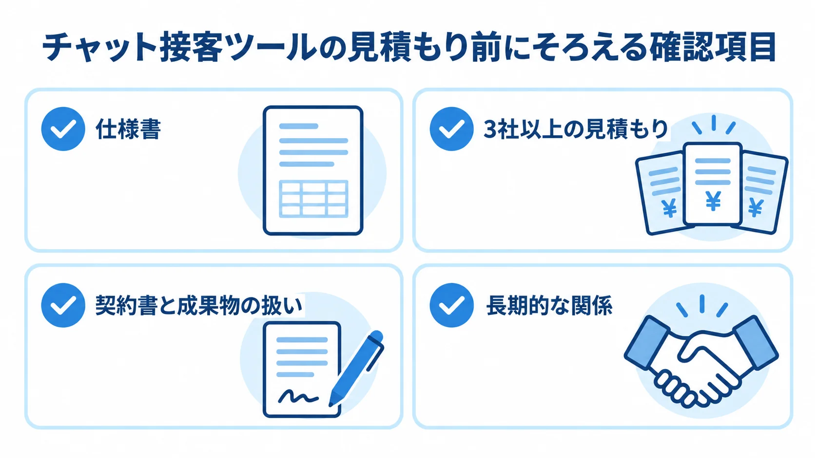 仕様書、3社以上の見積もり、契約書と成果物の扱い、長期的な関係をカードで整理した見積もり前の確認図。