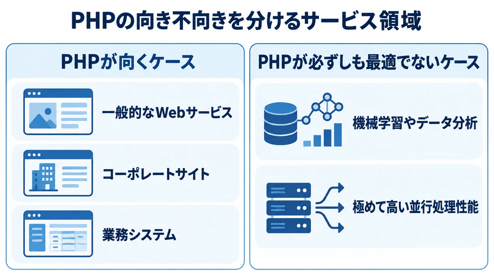 サービス領域で見るPHPの向き不向き PHPが向くWebサービスや業務システムと、必ずしも最適でない機械学習や高並行処理の領域を左右に比較した図。