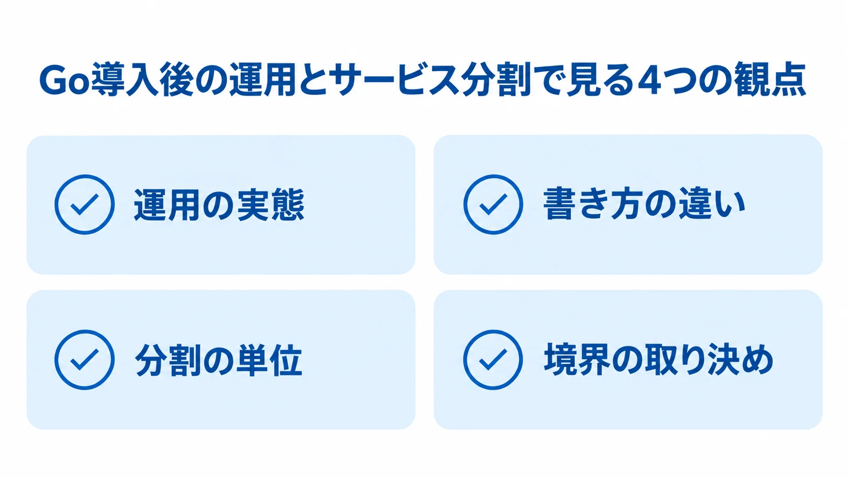 Go導入後とサービス分割を確認する観点 Go導入後の運用の実態、書き方の違い、分割の単位、境界の取り決めを並べたチェックリスト図