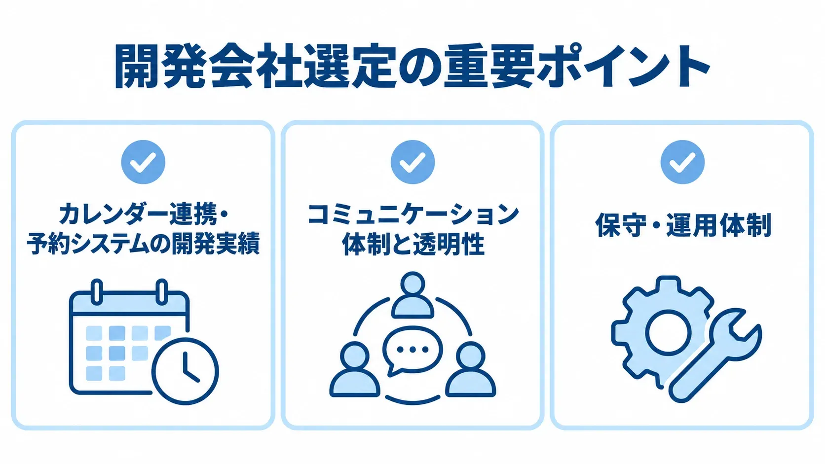 開発実績、コミュニケーション体制と透明性、保守・運用体制の3項目をチェックカードで示した図解。