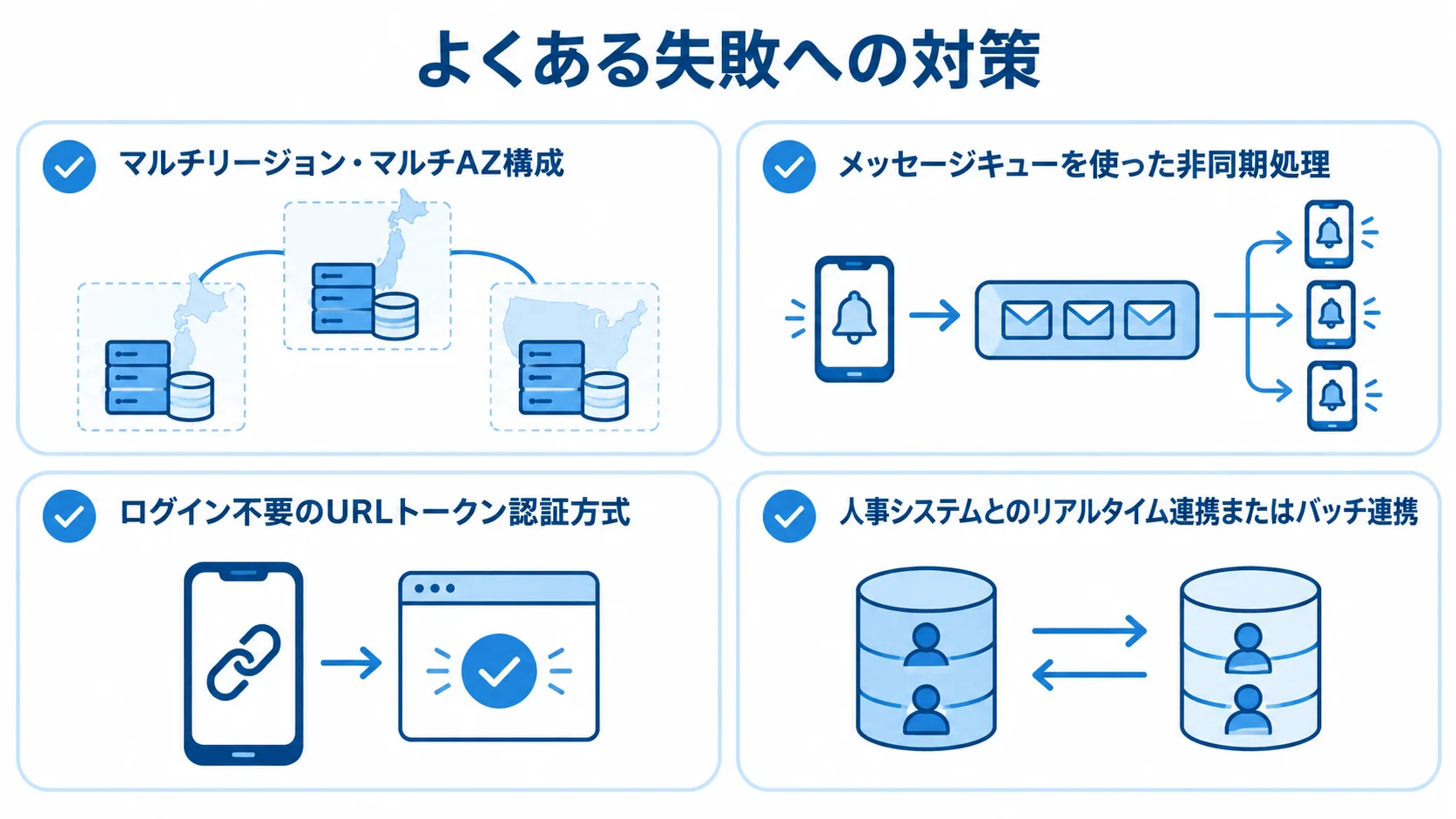 安否確認システム開発でよくある失敗への対策 安否確認システム開発で起きやすい4つの失敗に対応する対策を、チェック項目として並べた図。