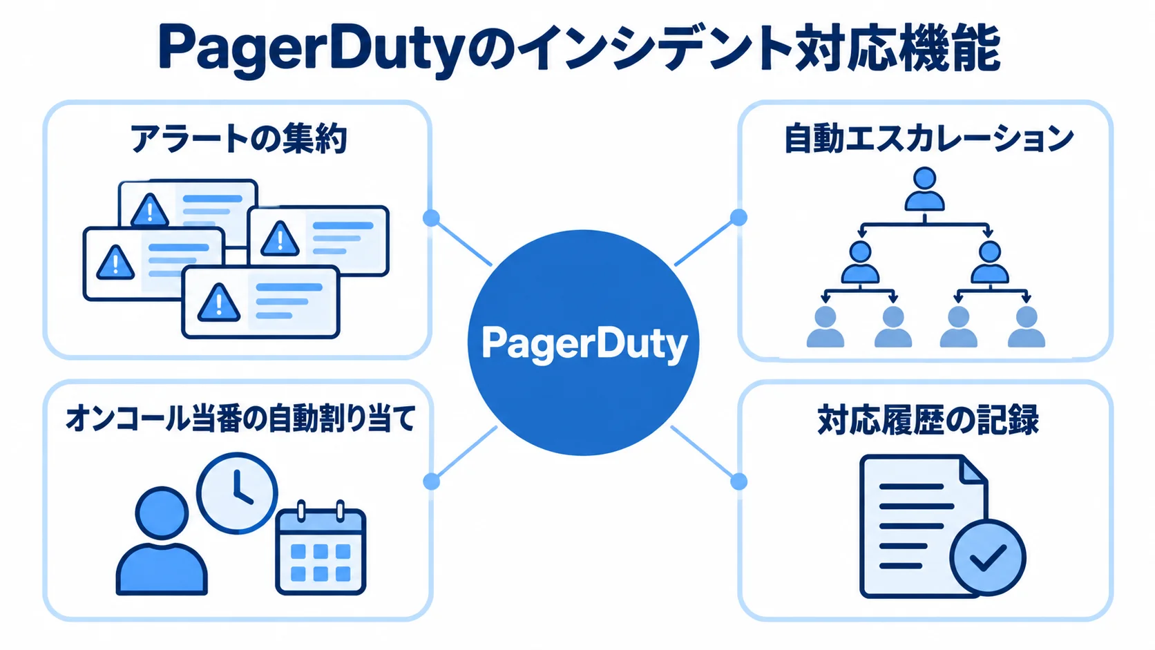 PagerDutyを中心にアラート集約、エスカレーション、当番割り当て、対応履歴を示す図