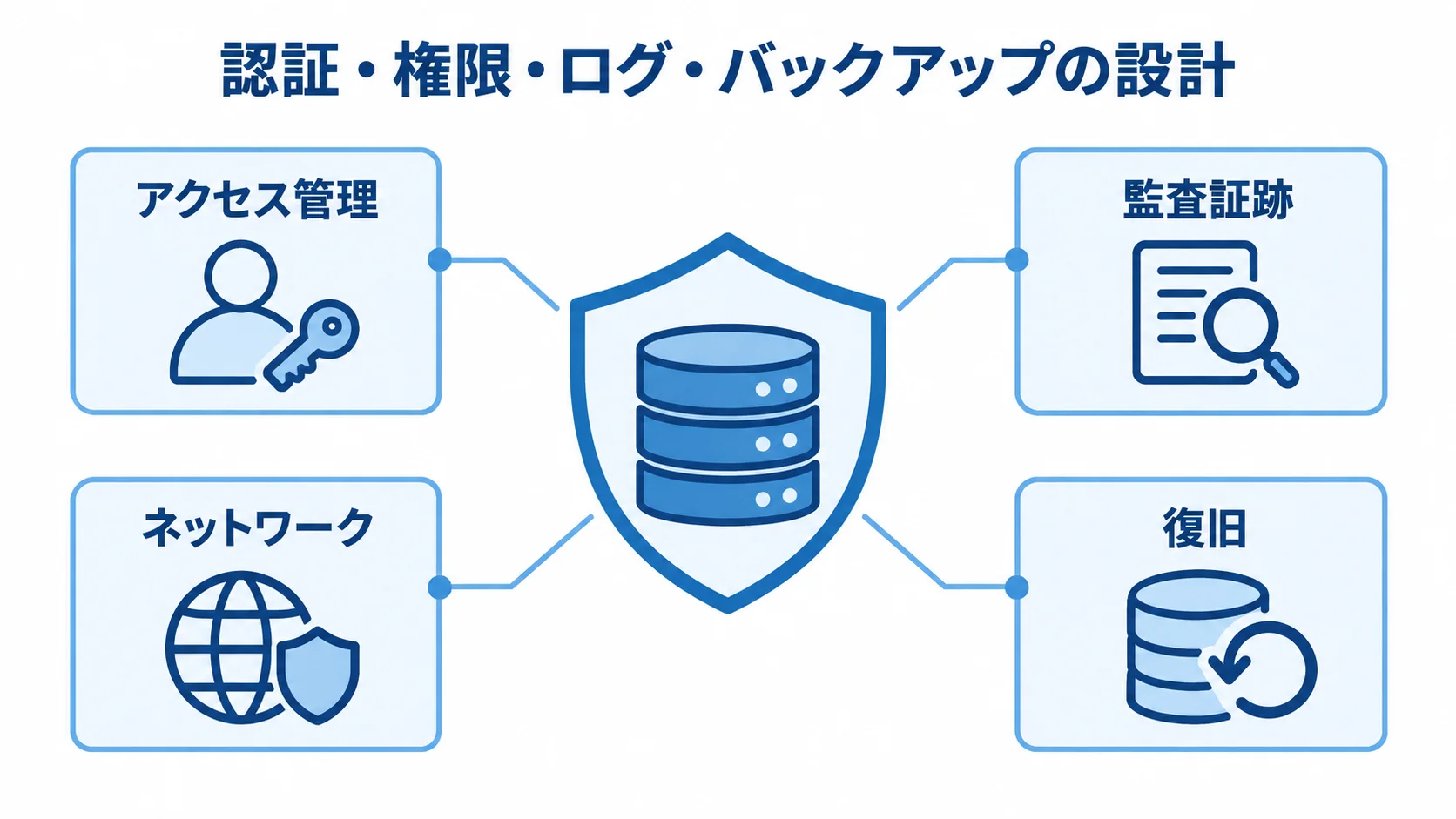 中央のトレーサビリティシステムを、アクセス管理、監査証跡、ネットワーク、復旧の要素が囲む図。