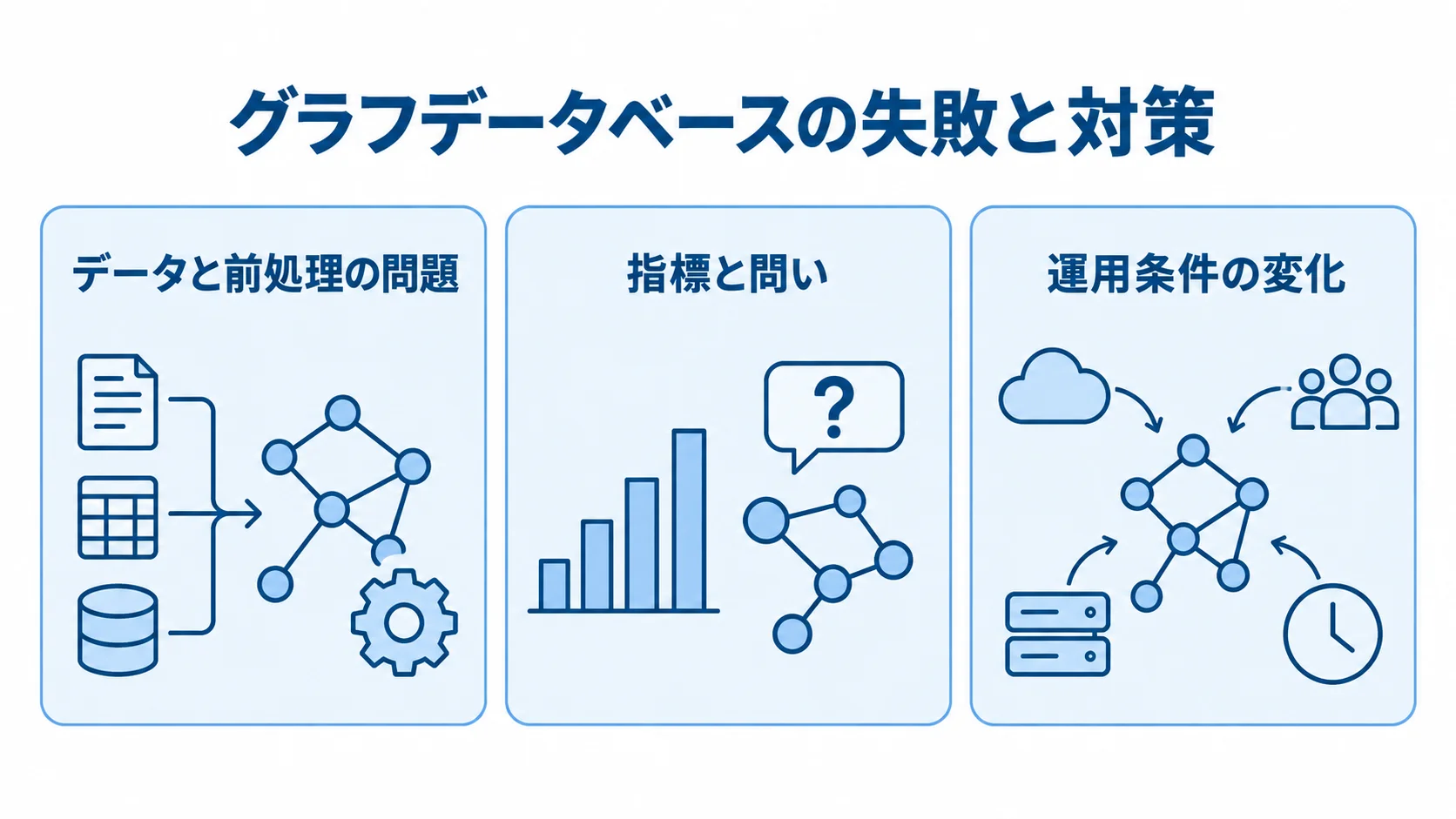グラフデータベースで起きやすい失敗領域の図解 データと前処理、指標と問い、運用条件の変化に関する問題領域を3枚のパネルで示す図。
