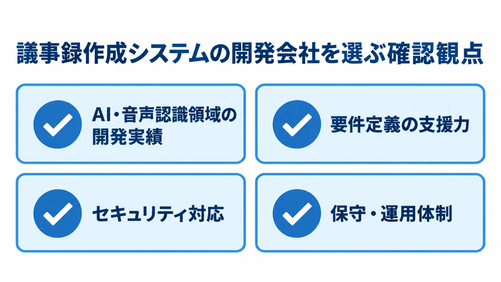 開発会社を比較するときの確認観点として、AI・音声認識の実績、要件定義支援、セキュリティ、保守・運用を示す図。