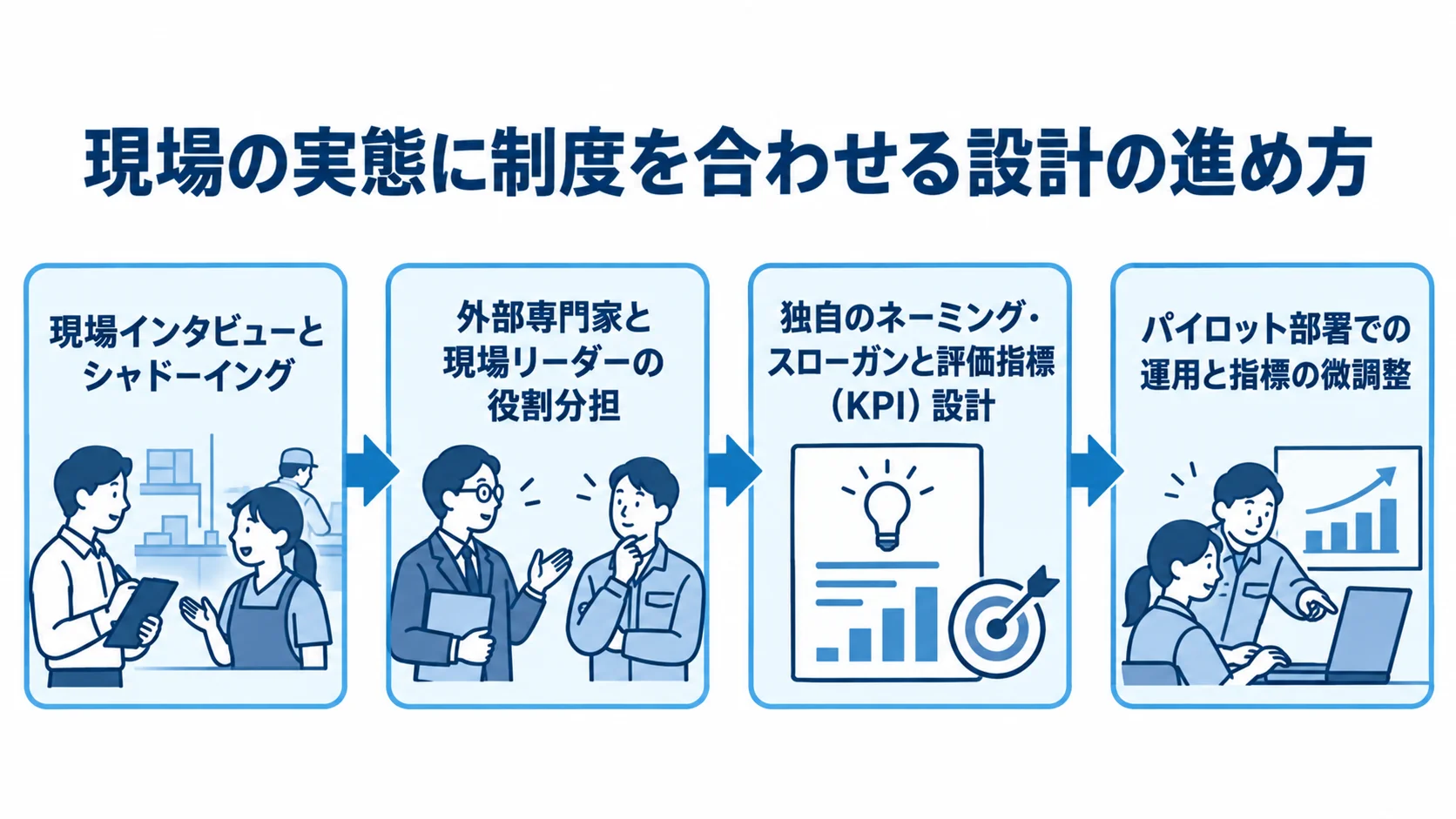 現場インタビューとシャドーイングから始まり、役割分担、独自の名称と評価指標の設計、パイロット運用へ進む流れ図。