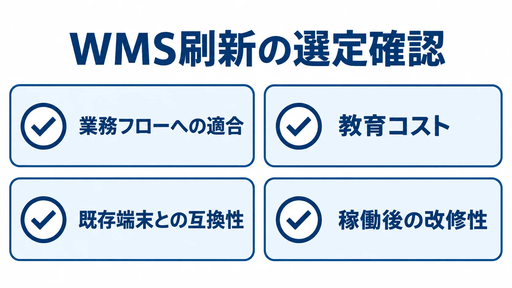 WMS刷新の選定で確かめる項目 業務フロー、教育コスト、既存端末、稼働後の改修性を確認するチェック項目。