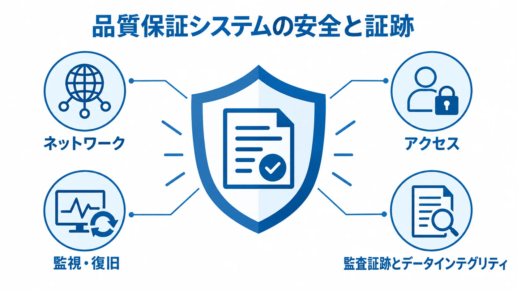 品質保証システムを守るネットワーク・アクセス・監視・証跡 盾の周囲にネットワーク、アクセス、監視・復旧、監査証跡とデータインテグリティを配置した品質保証システムの保護図。