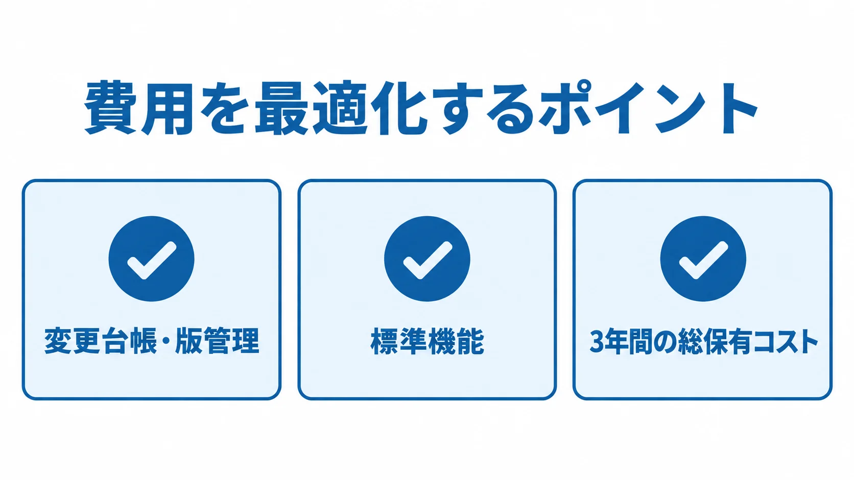 費用最適化の確認項目を示す図 変更台帳・版管理、標準機能、3年間の総保有コストを並べた費用最適化の確認項目図。