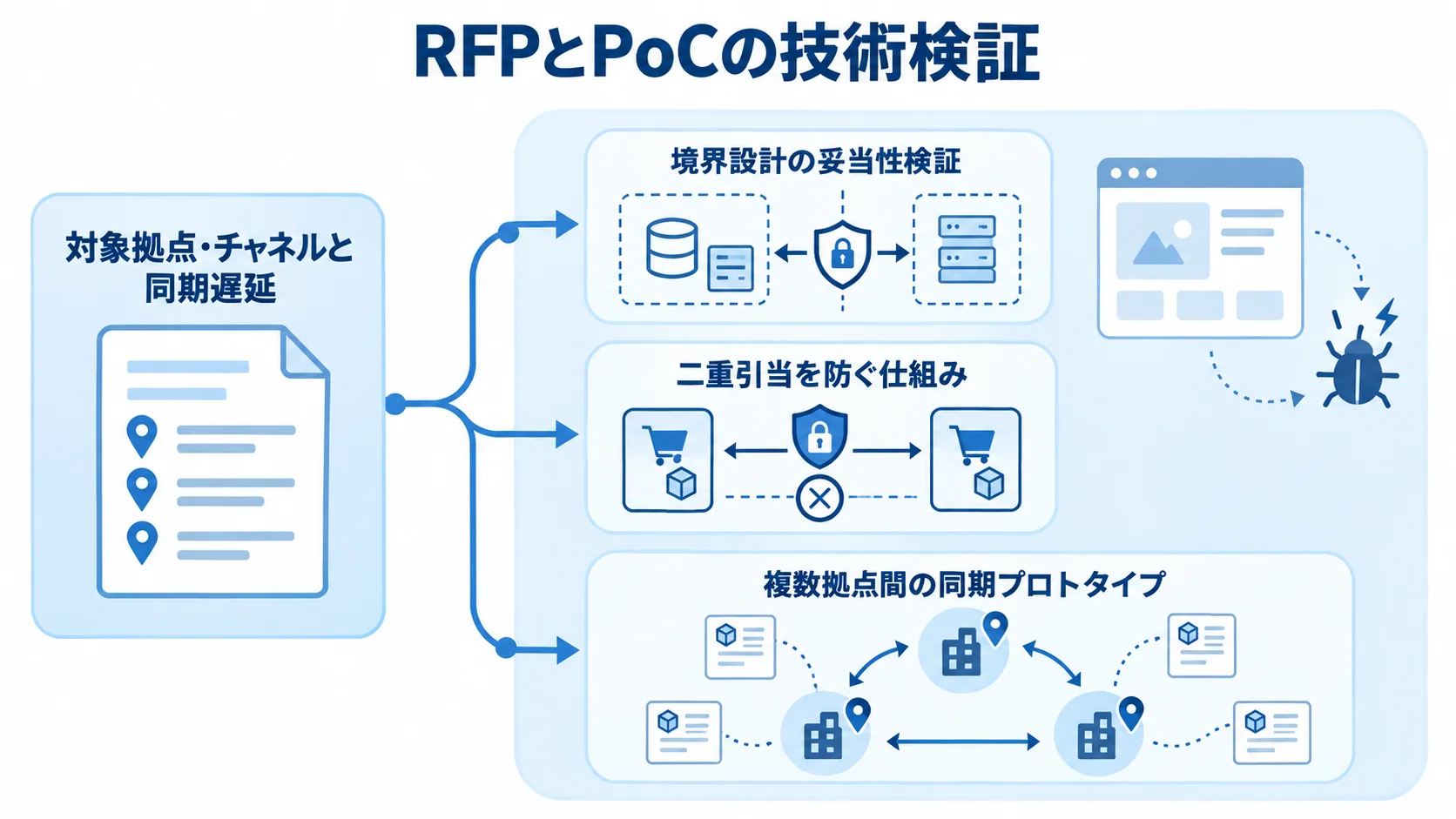 RFPの対象範囲を定め、境界設計、二重引当防止、複数拠点間同期の3項目を検証する流れ図