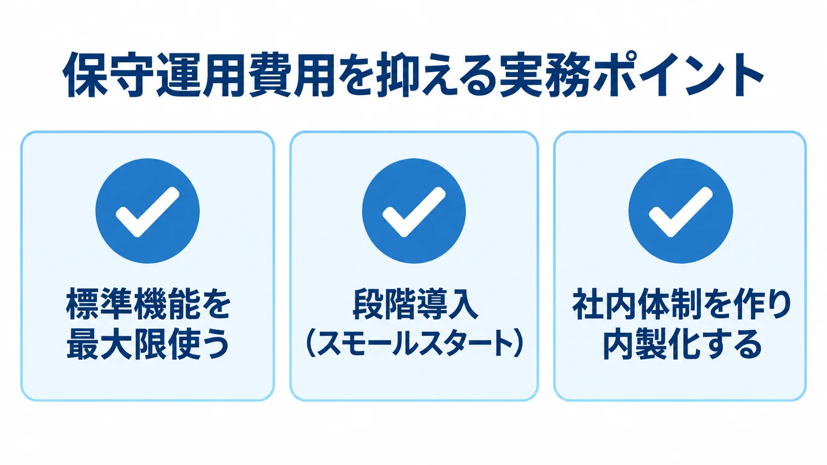 Oracleの保守運用費用を抑える実務ポイント 標準機能の活用、段階導入、社内体制の内製化を並べたチェックリスト図。