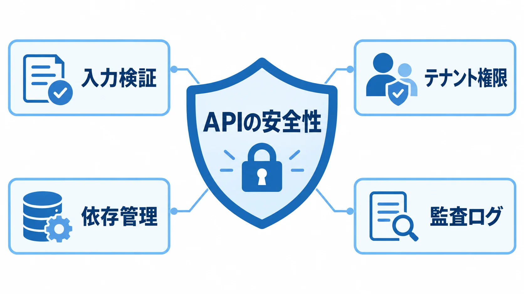 APIの安全性を支える確認項目 APIの安全性を入力検証、テナント権限、依存管理、監査ログで支える図