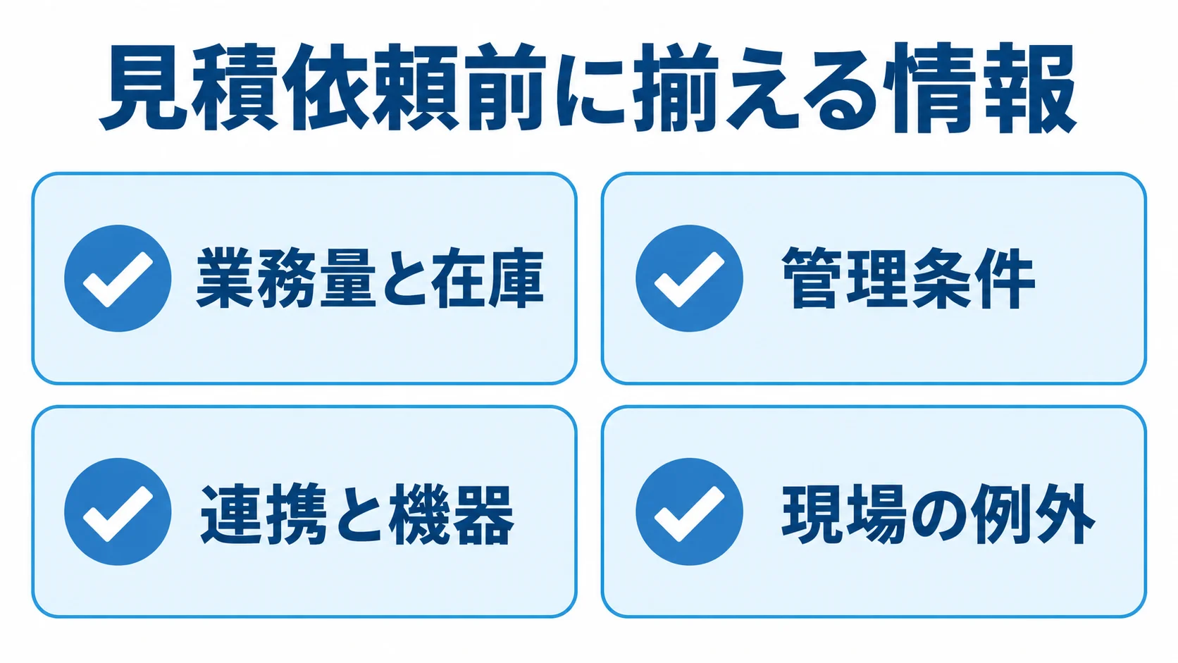 倉庫管理システムの見積依頼前チェックリスト 見積依頼前に提示する業務量と在庫、管理条件、連携と機器、現場の例外を示すチェックリスト