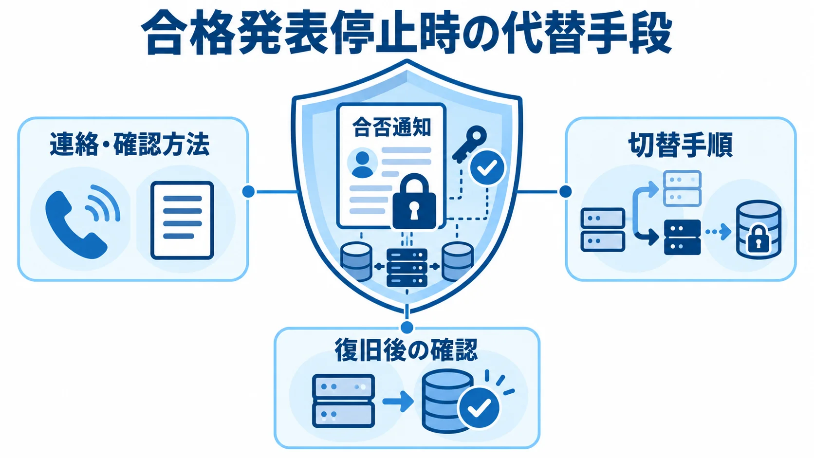 合格発表が止まったときに備える3つの確認要素 合否通知を中心に、連絡・確認方法、切替手順、復旧後の確認を配置した代替手段の図。
