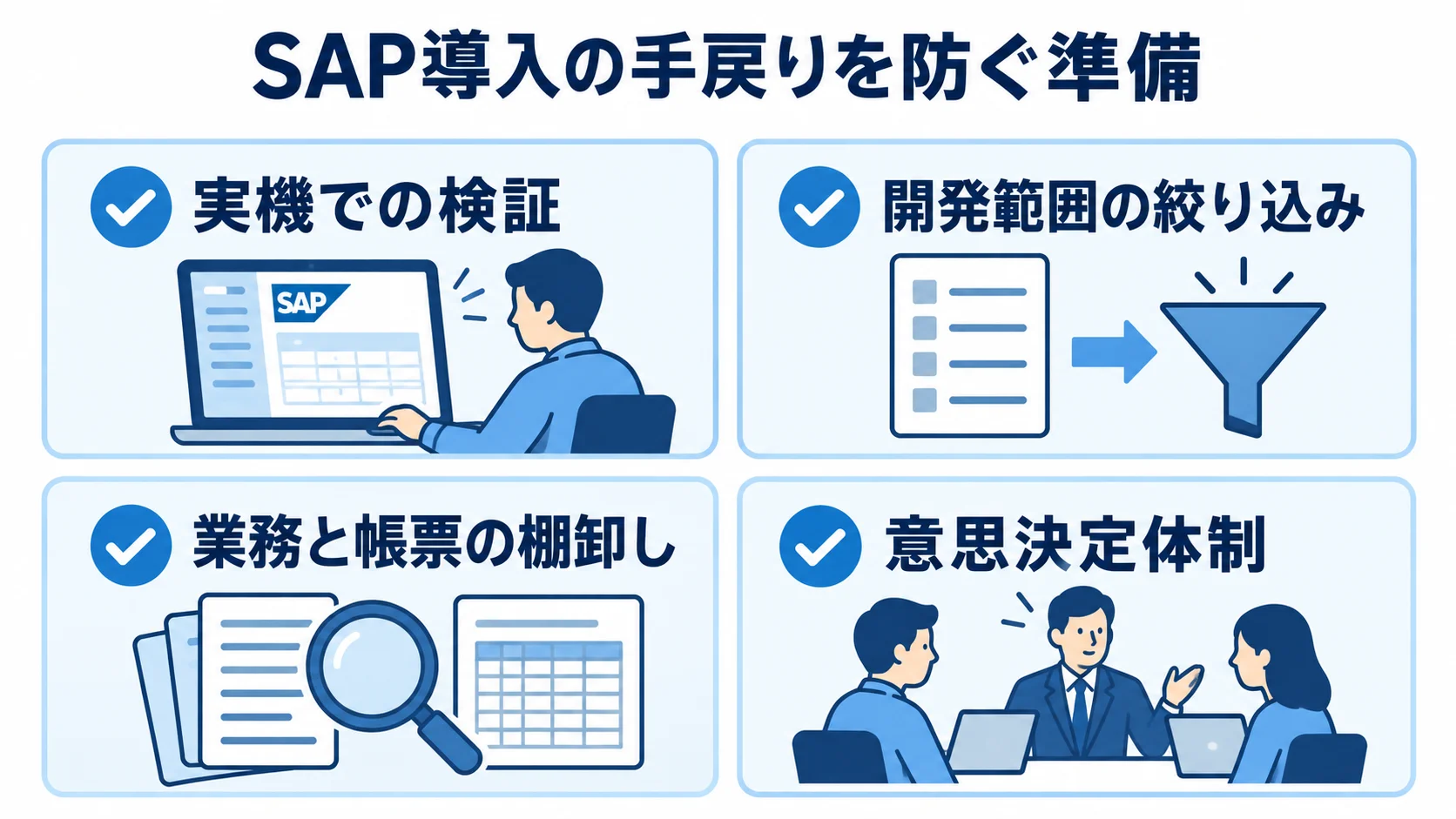 SAP導入の納期遅延を防ぐ準備項目 実機での検証や業務の棚卸しなど、SAP導入の手戻りを防ぐ4項目を示したチェックリスト図