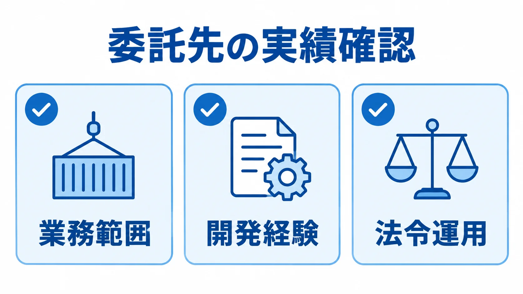 委託先の実績を業務範囲、開発経験、法令運用の3項目で確認する図