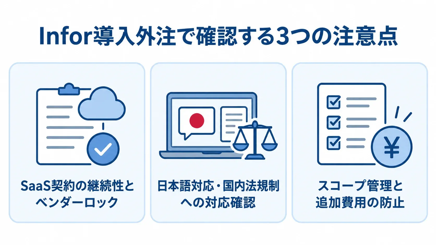Infor導入を外注するときの確認事項として、SaaS契約、日本語・国内法規制、スコープ管理を示すチェックリスト。