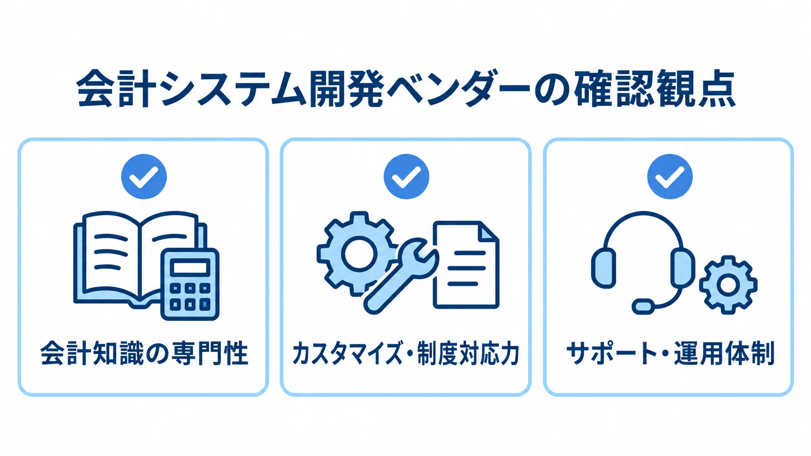 会計知識、制度対応、運用支援の3観点を並べたベンダー選定チェックリスト