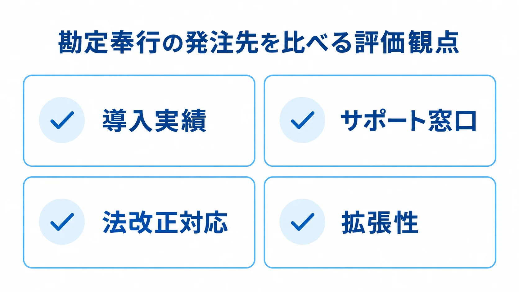 勘定奉行の発注先を導入実績、サポート窓口、法改正対応、拡張性で比べるチェックリスト。