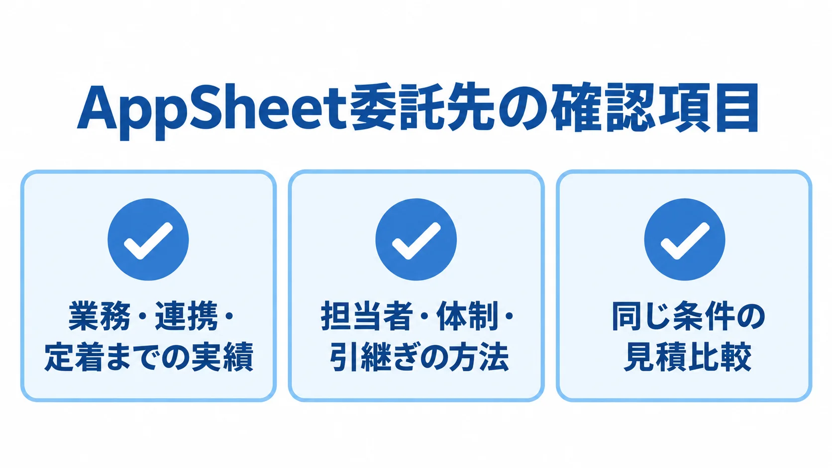 AppSheet委託先を選ぶ際に確認する、業務・連携・定着までの実績、担当者・体制・引継ぎ、同じ条件の見積比較を並べたチェックリスト。