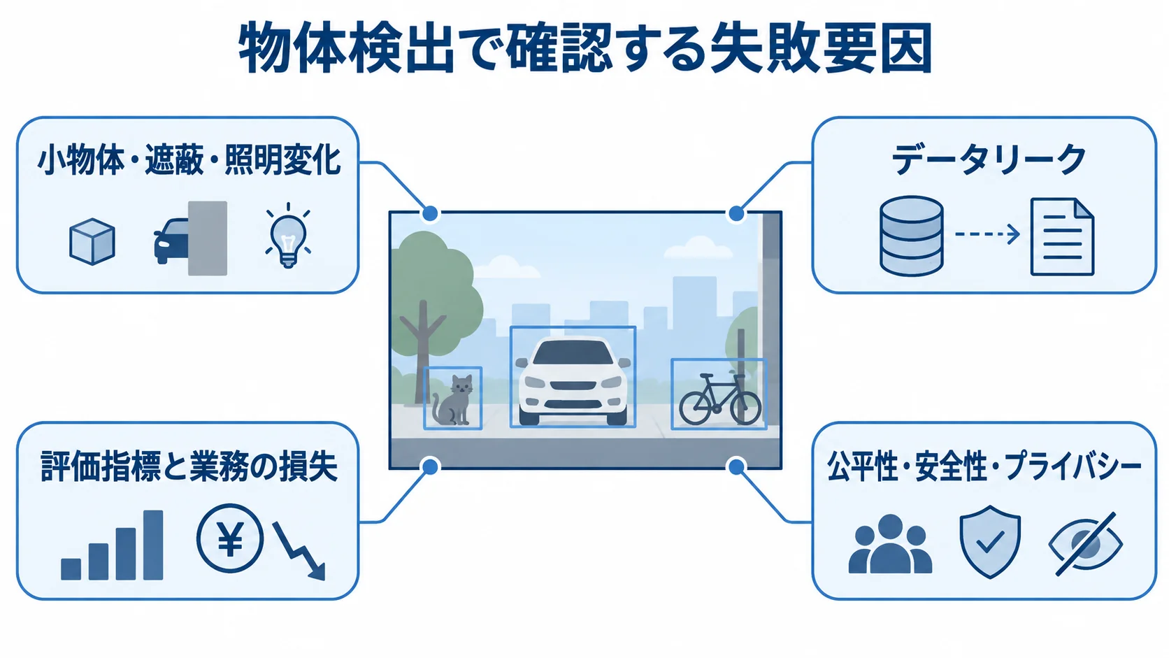物体検出の図を中心に、小物体や遮蔽、データリーク、評価指標、公平性などの確認点を配置した図。