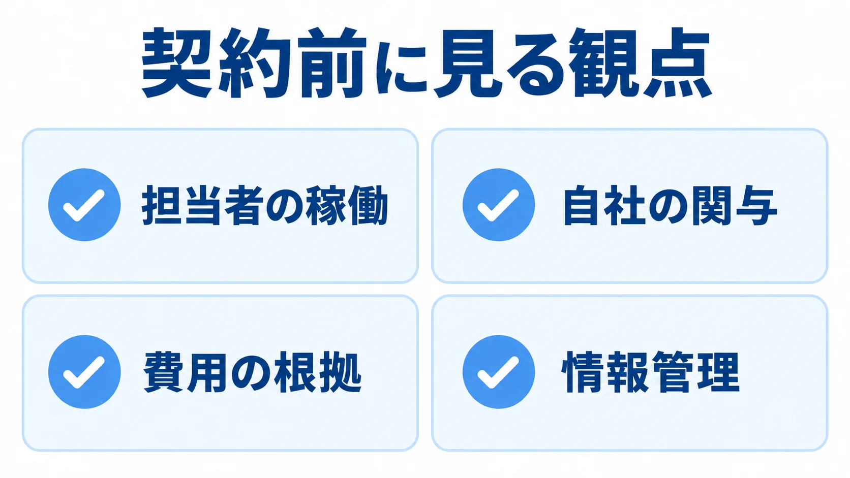 HUE導入の契約前に確認する担当者の稼働、自社の関与、費用の根拠、情報管理を示すチェックリスト図