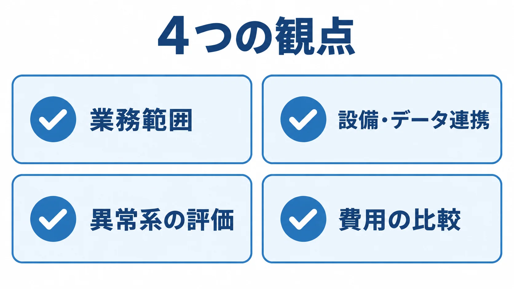開発会社を業務範囲、設備・データ連携、異常系、費用の4観点で確認する図。