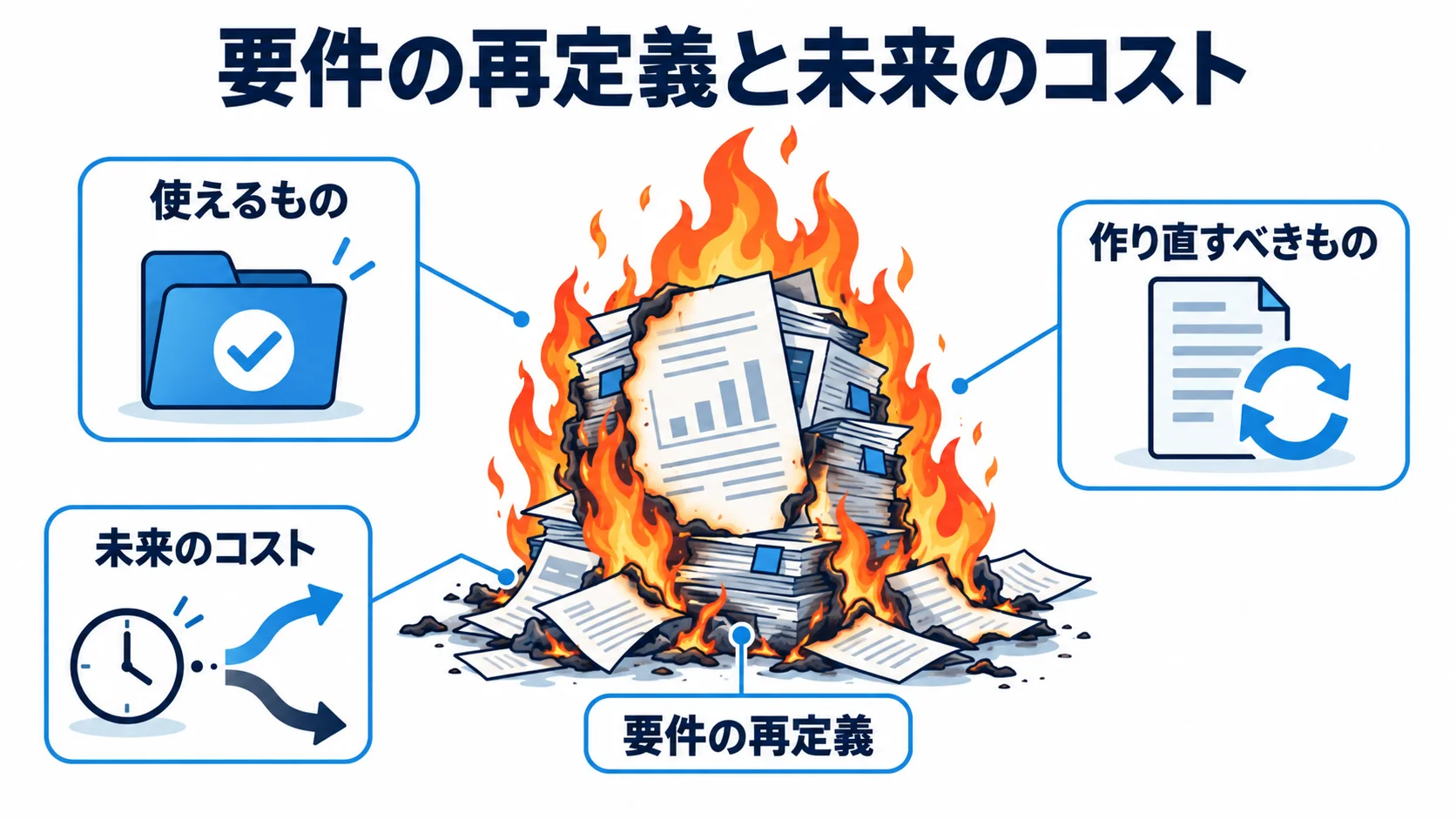 炎上後の要件再定義と損切り判断 炎上プロジェクトを中央に置き、要件の再定義、成果物の見極め、未来のコストを注釈で示した図解