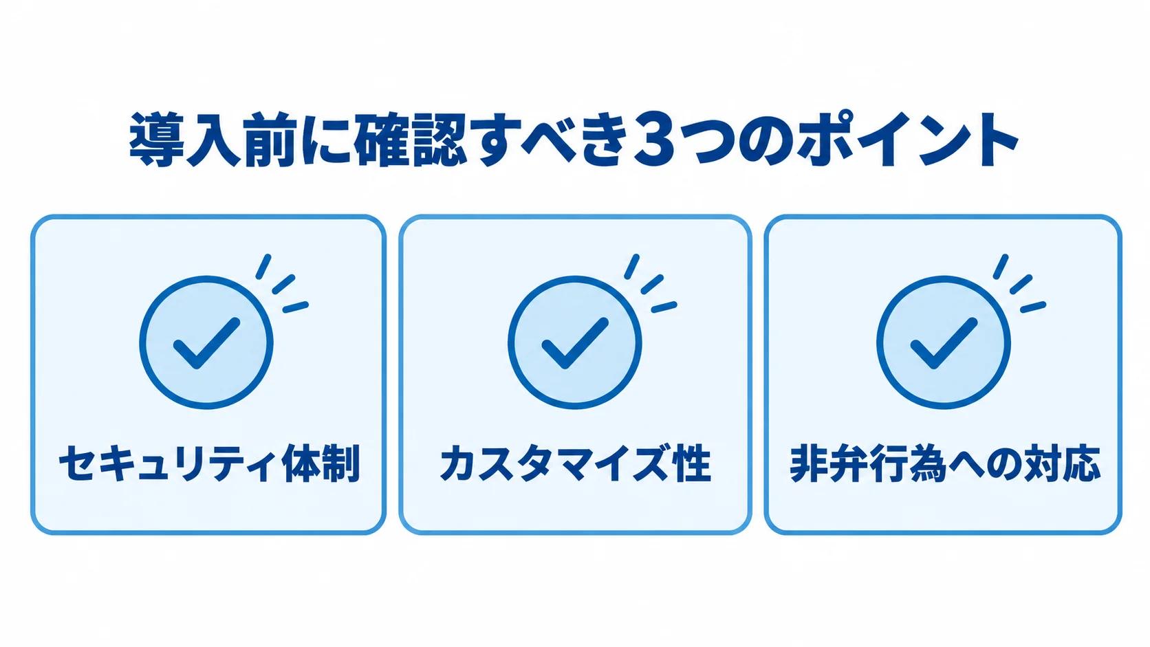 法務・契約管理AIエージェントの導入前に確認するセキュリティ体制、カスタマイズ性、非弁行為への対応の3項目を示す図。