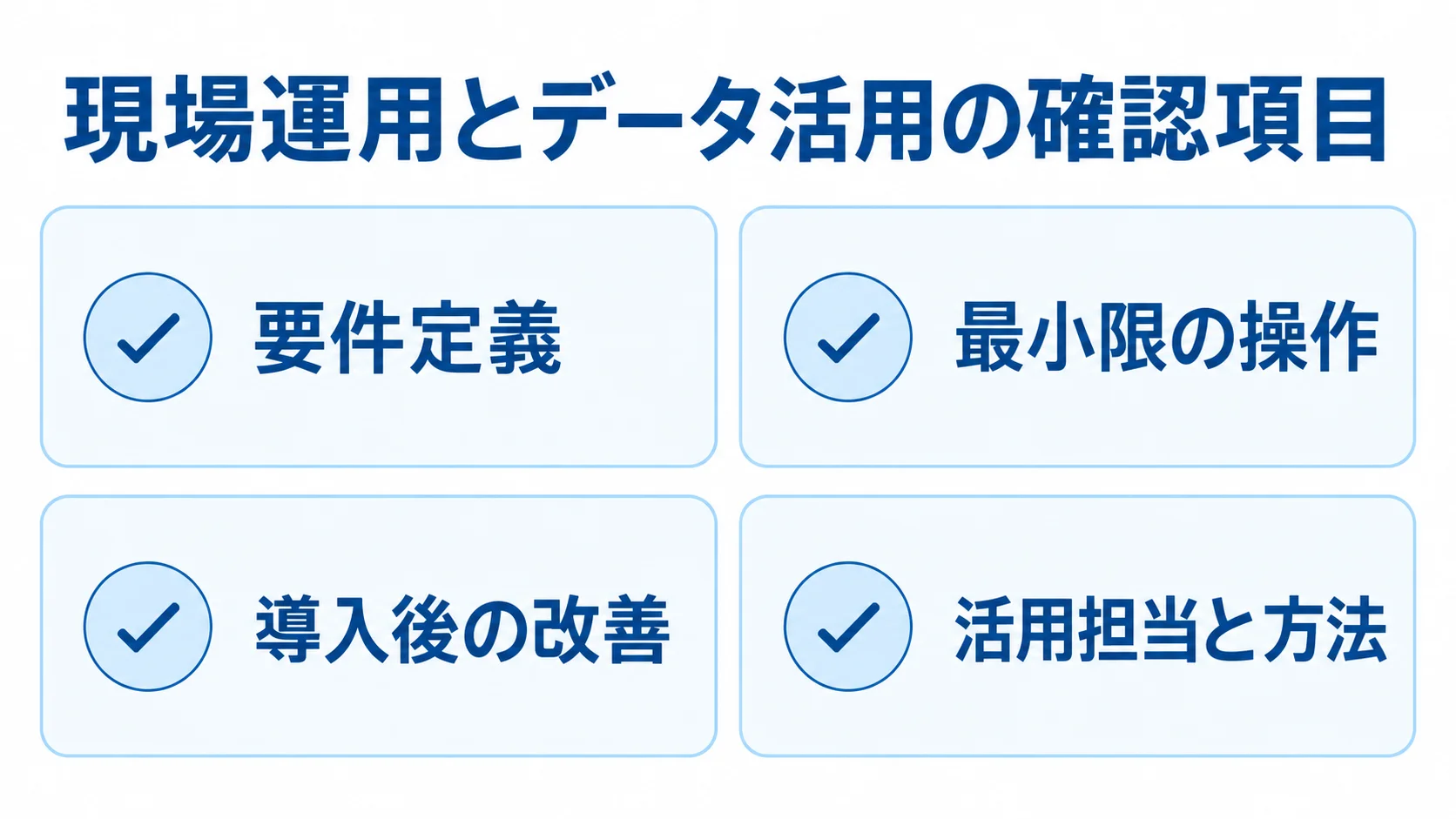 要件定義、最小限の操作、導入後の改善、活用担当と方法を並べた運用設計のチェックリスト