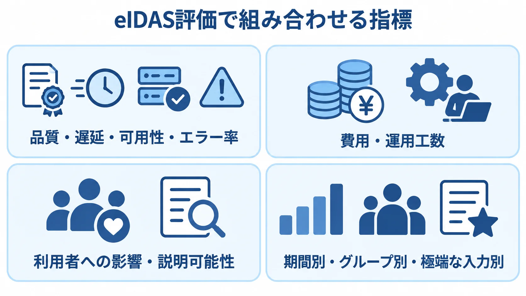 eIDASの評価指標 品質と性能、費用と運用、利用者への影響、条件別の結果を分けて示す評価パネル図。