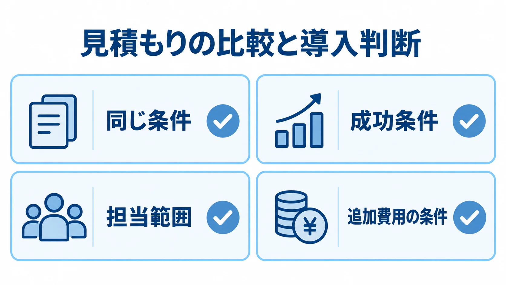 見積もりの比較と導入判断で確認する項目 見積もりの比較と導入判断で確認する同じ条件、成功条件、担当範囲、追加費用の条件を並べたチェックリスト