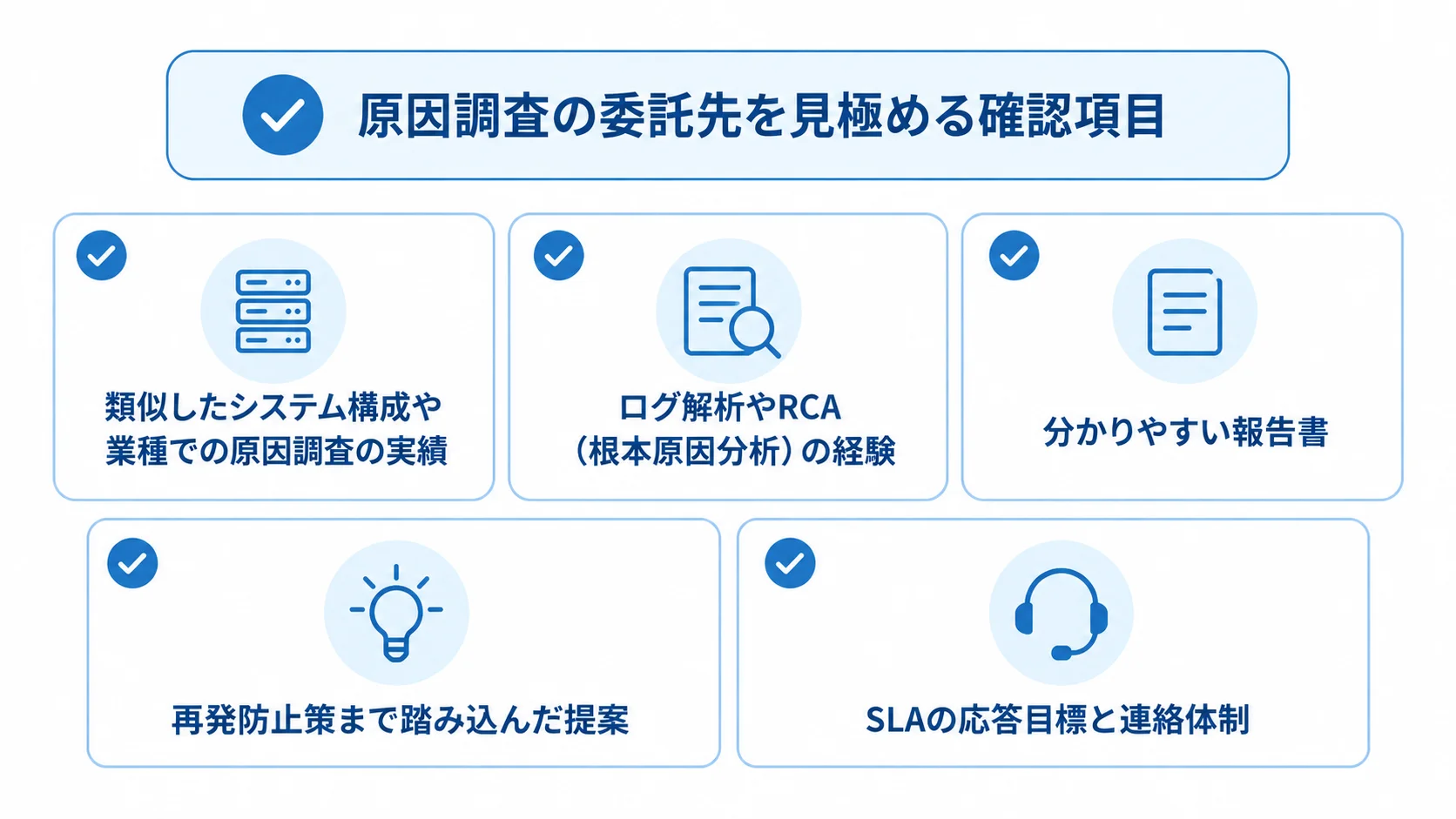 原因調査を委託する会社の選定時に確認する5項目。 類似構成や業種での実績、ログ解析やRCAの経験、報告書、再発防止策の提案、SLAと連絡体制を確認するチェック項目の図。