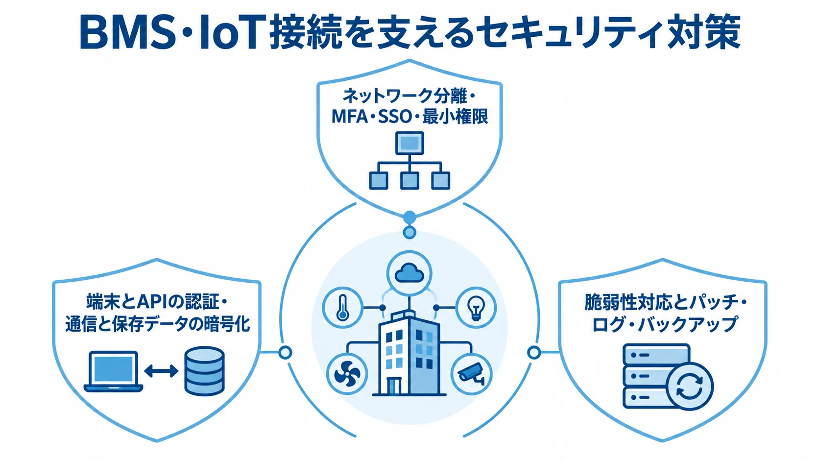 BMS・IoT接続のセキュリティ対策 BMS・IoT接続を守る対策として、アクセス制御、端末と通信の保護、継続運用を盾の周囲に配置した図。