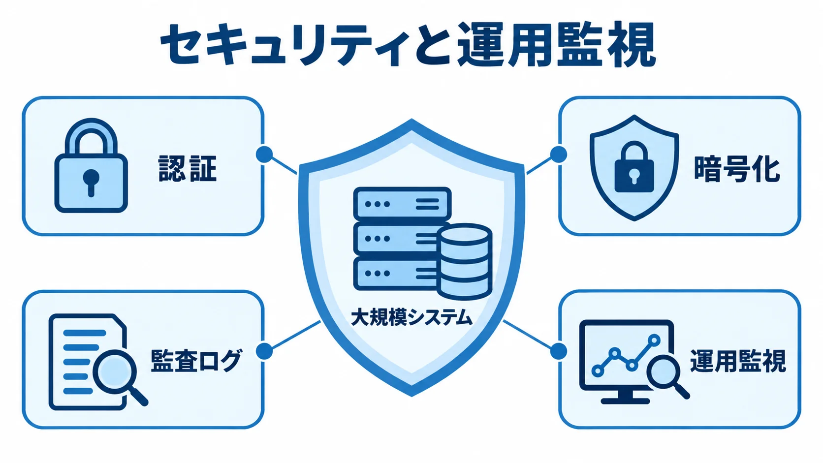 大規模システムを守る統制と運用監視 大規模システムを中央に置き、認証、暗号化、監査ログ、運用監視で囲んだ図解。