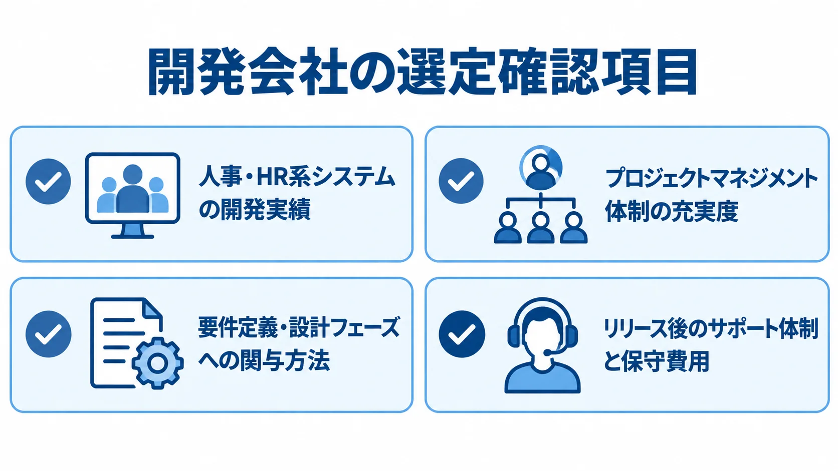 人事管理システム開発会社の選定項目 人事・HR系システムの開発実績やプロジェクト体制など、開発会社を選ぶ4つの確認項目を示す図解。