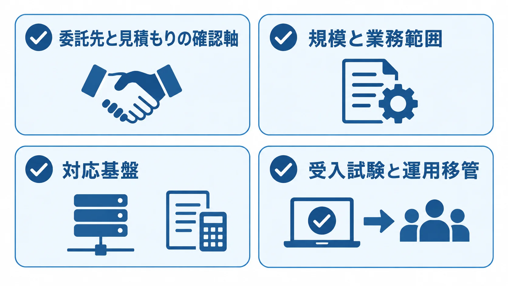 Argo CD委託先の選定と見積比較の確認項目 委託先の規模と業務範囲、対応基盤、見積前提、受入試験と運用移管を確認するチェックリスト。