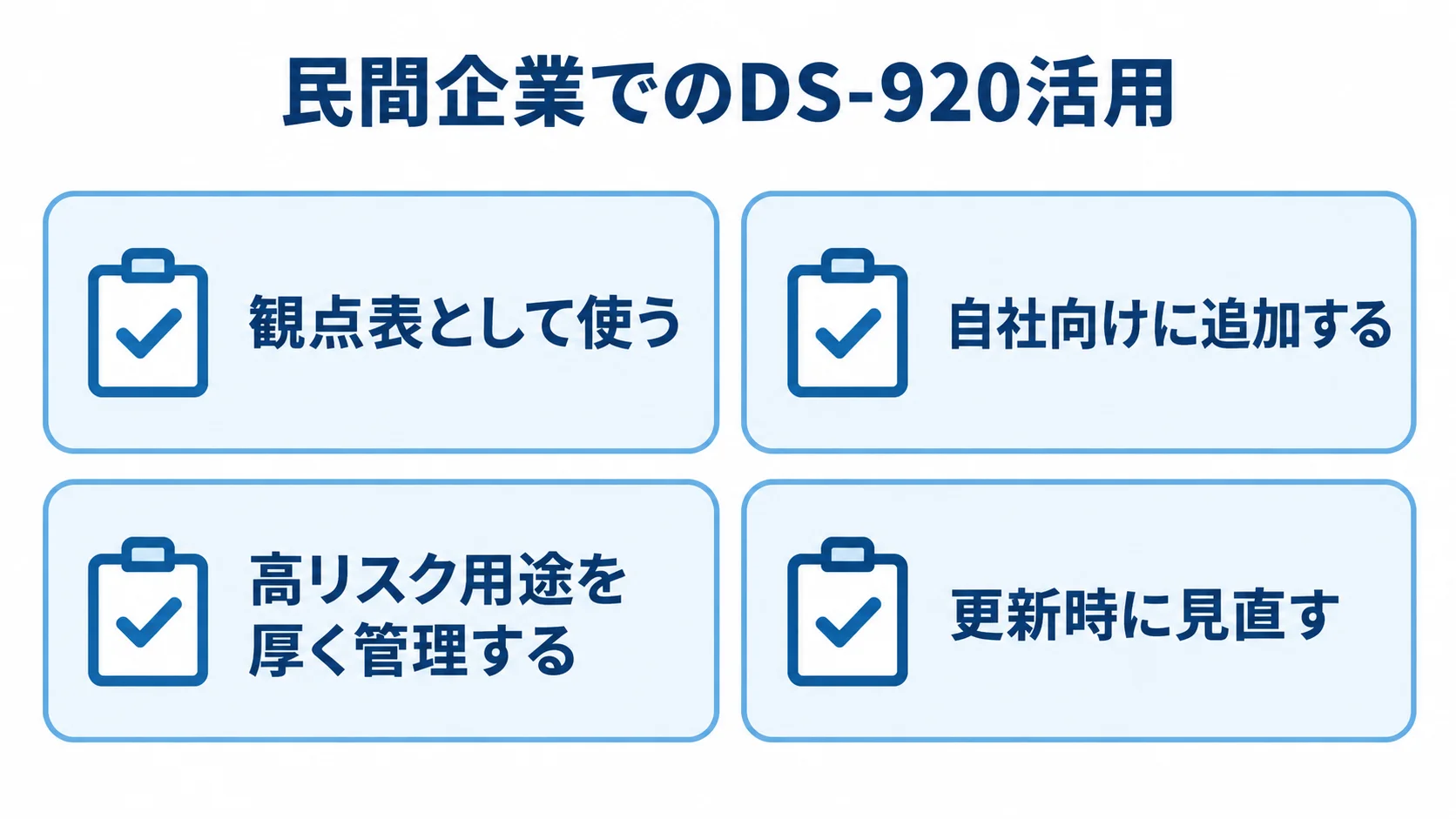 民間企業がDS-920を参考にする使い方 民間企業がDS-920を参考利用する4つの使い方をカードで示した図