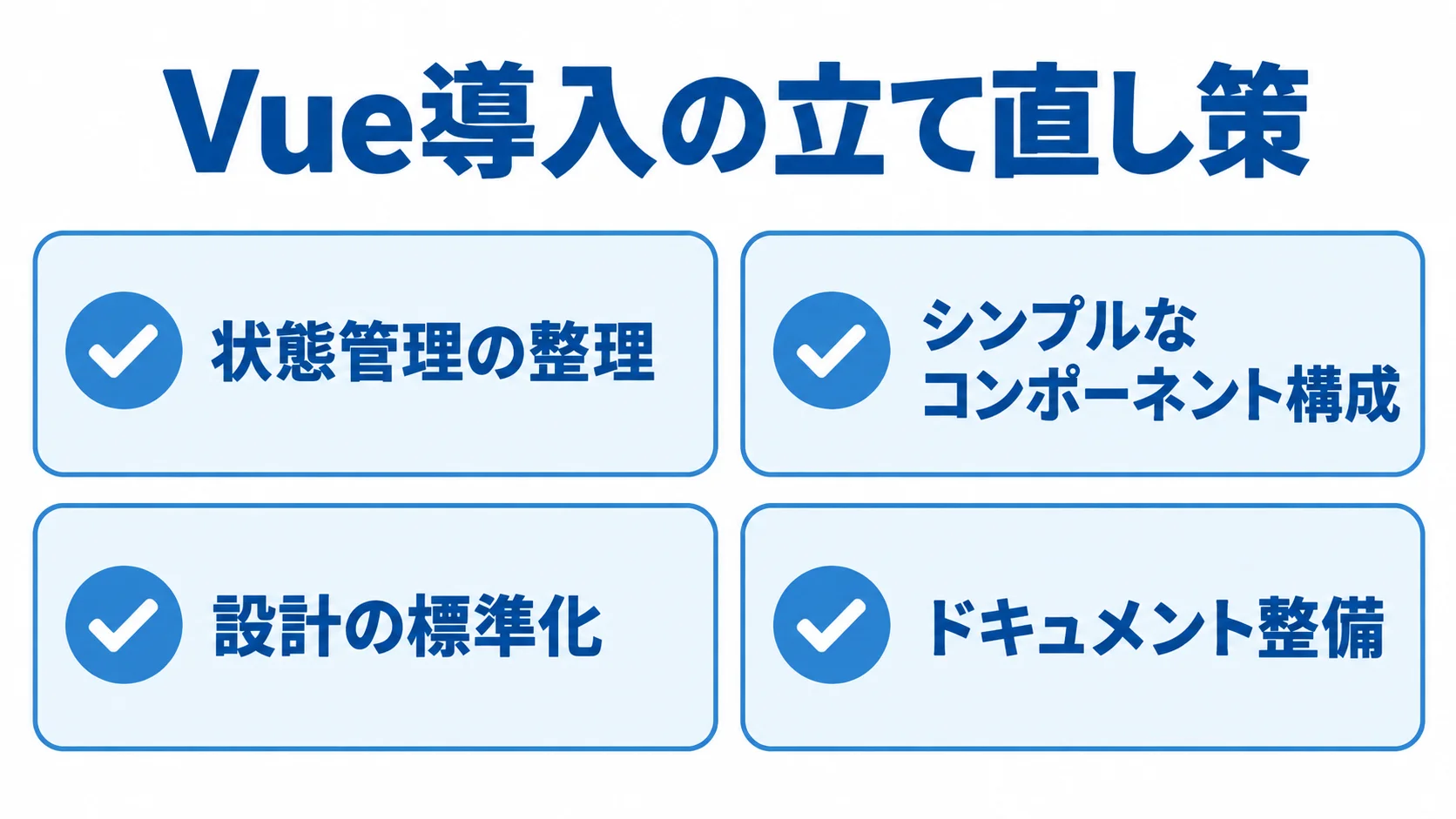 Vue導入の構成簡素化と属人化を防ぐ立て直し策 状態管理、コンポーネント構成、設計標準化、ドキュメント整備の4項目を示すチェックリスト図。